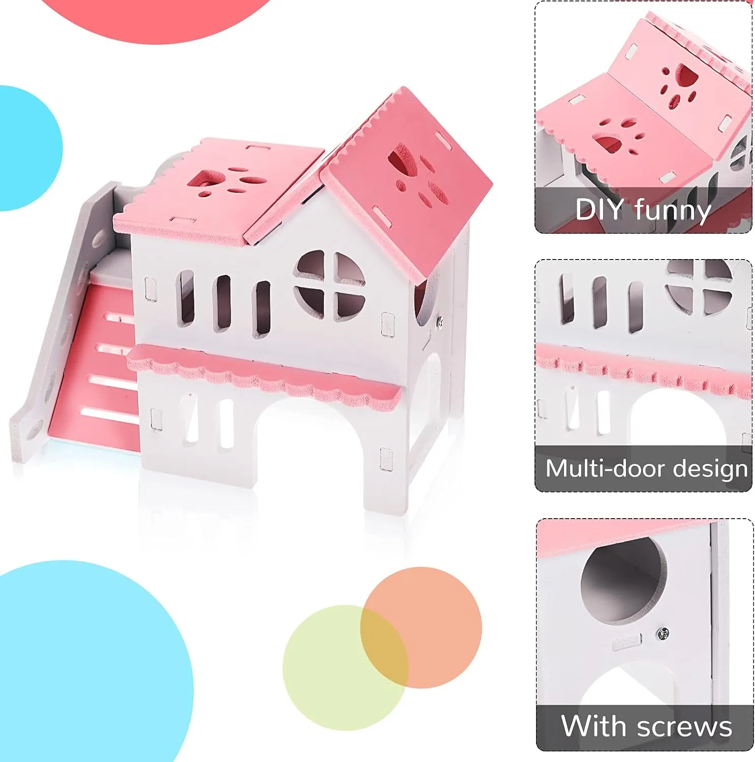 Skylety 5 Pcs Hamster Toys Include Wooden Accessories Hamster House Guinea Pig Hideout Rainbow Bridge Seesaw Swing Exercise Circle Cage Toy for Small Animals(6.3 x 3.93 x 5.5 inch,Pink)