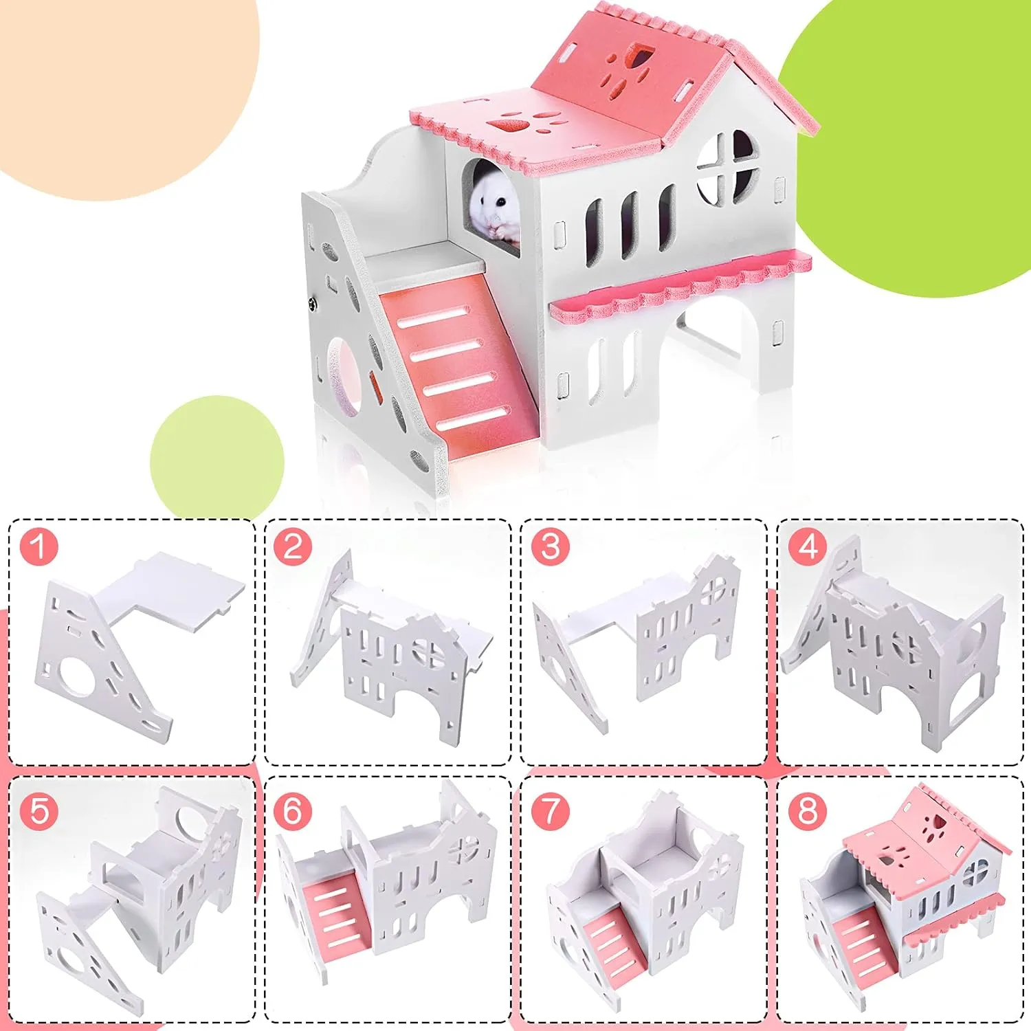 Skylety 5 Pcs Hamster Toys Include Wooden Accessories Hamster House Guinea Pig Hideout Rainbow Bridge Seesaw Swing Exercise Circle Cage Toy for Small Animals(6.3 x 3.93 x 5.5 inch,Pink)