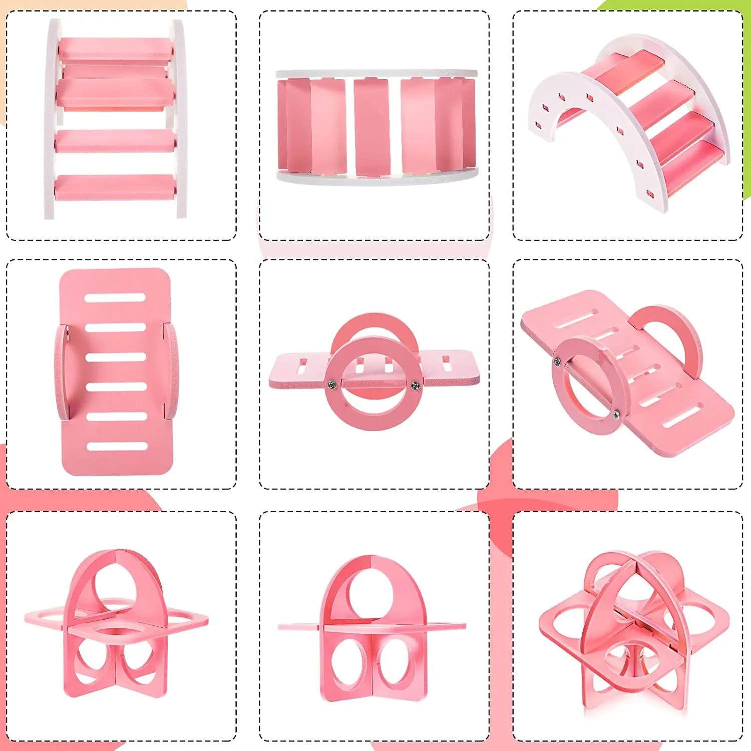 Skylety 5 Pcs Hamster Toys Include Wooden Accessories Hamster House Guinea Pig Hideout Rainbow Bridge Seesaw Swing Exercise Circle Cage Toy for Small Animals(6.3 x 3.93 x 5.5 inch,Pink)