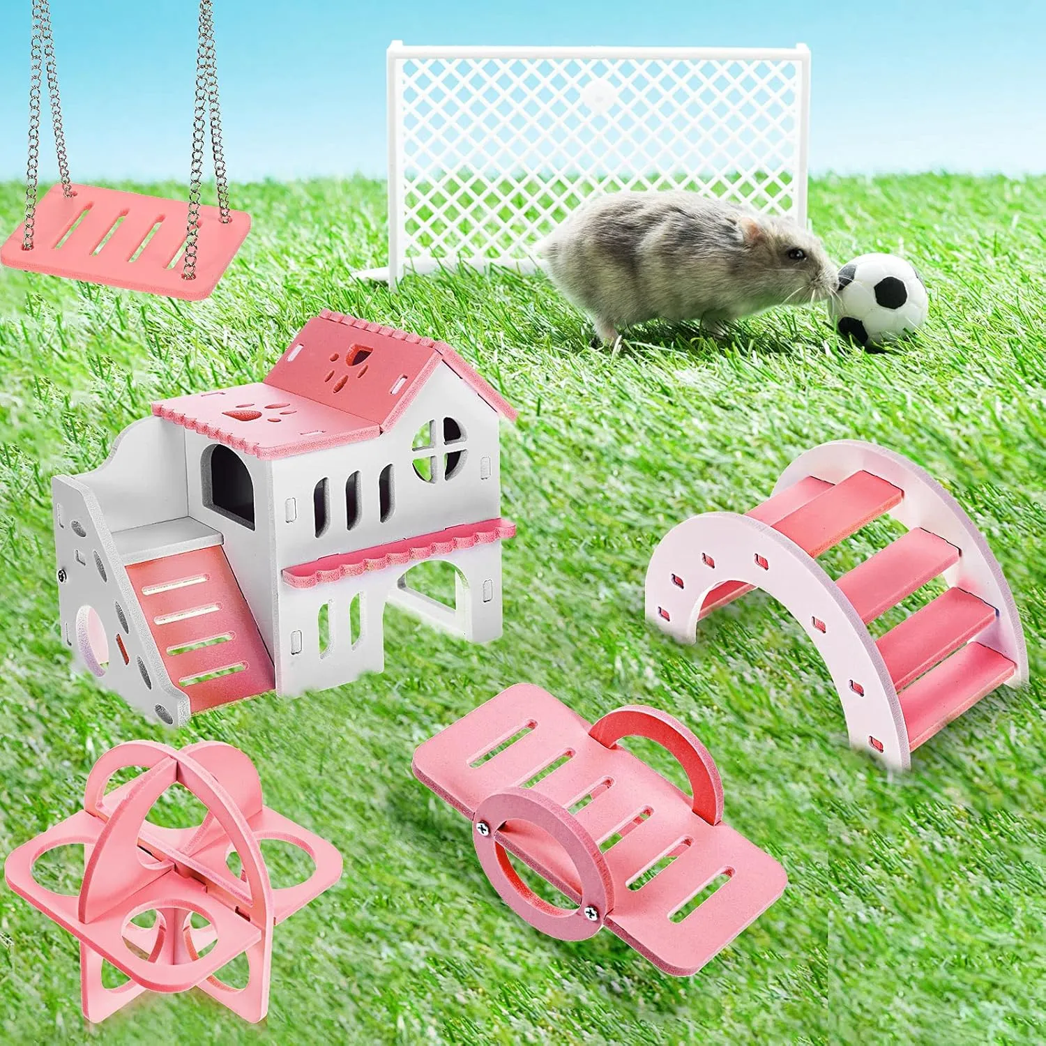 Skylety 5 Pcs Hamster Toys Include Wooden Accessories Hamster House Guinea Pig Hideout Rainbow Bridge Seesaw Swing Exercise Circle Cage Toy for Small Animals(6.3 x 3.93 x 5.5 inch,Pink)