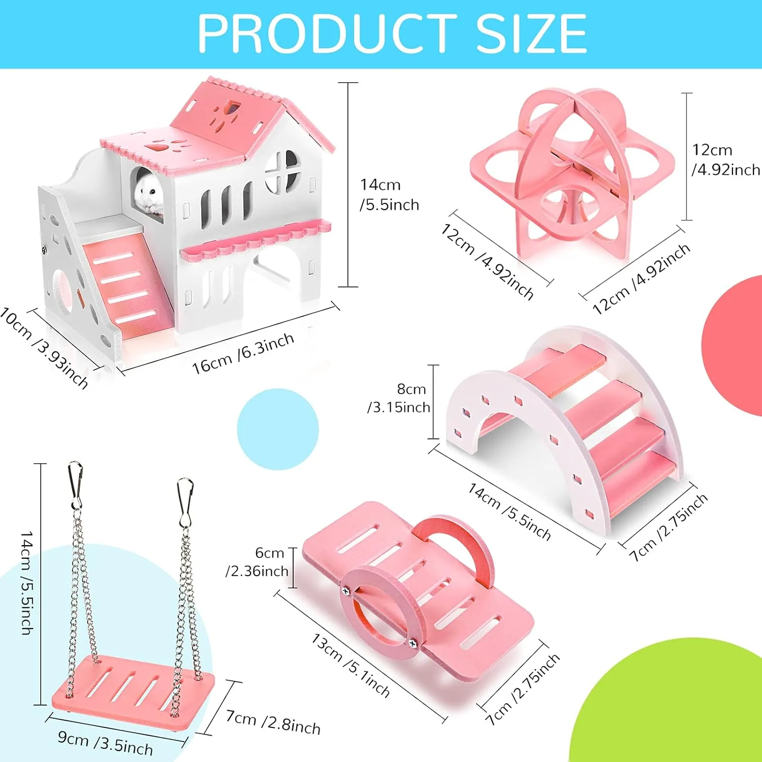 Skylety 5 Pcs Hamster Toys Include Wooden Accessories Hamster House Guinea Pig Hideout Rainbow Bridge Seesaw Swing Exercise Circle Cage Toy for Small Animals(6.3 x 3.93 x 5.5 inch,Pink)