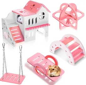 Skylety 5 Pcs Hamster Toys Include Wooden Accessories Hamster House Guinea Pig Hideout Rainbow Bridge Seesaw Swing Exercise Circle Cage Toy for Small Animals(6.3 x 3.93 x 5.5 inch,Pink)