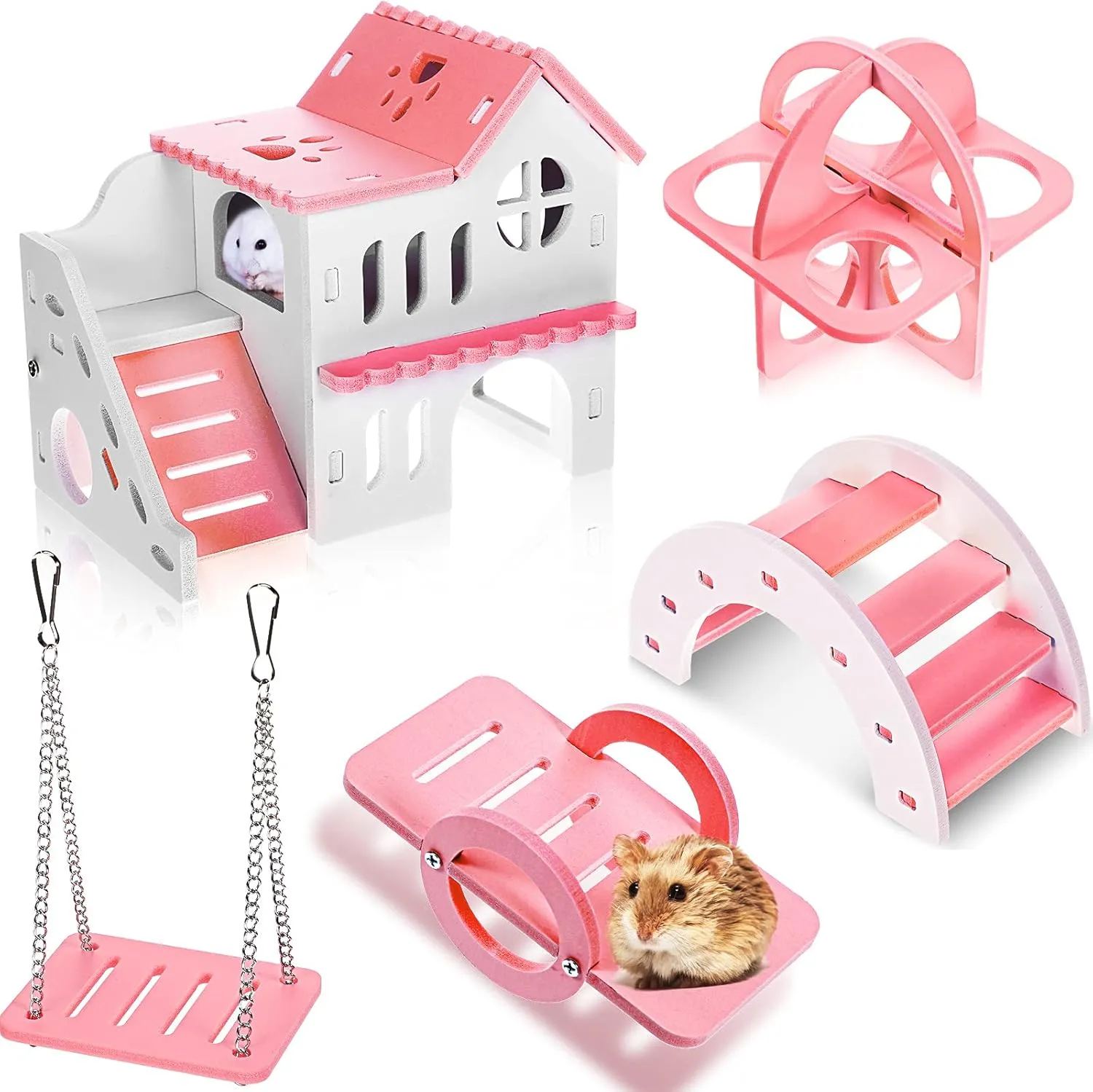 Skylety 5 Pcs Hamster Toys Include Wooden Accessories Hamster House Guinea Pig Hideout Rainbow Bridge Seesaw Swing Exercise Circle Cage Toy for Small Animals(6.3 x 3.93 x 5.5 inch,Pink)