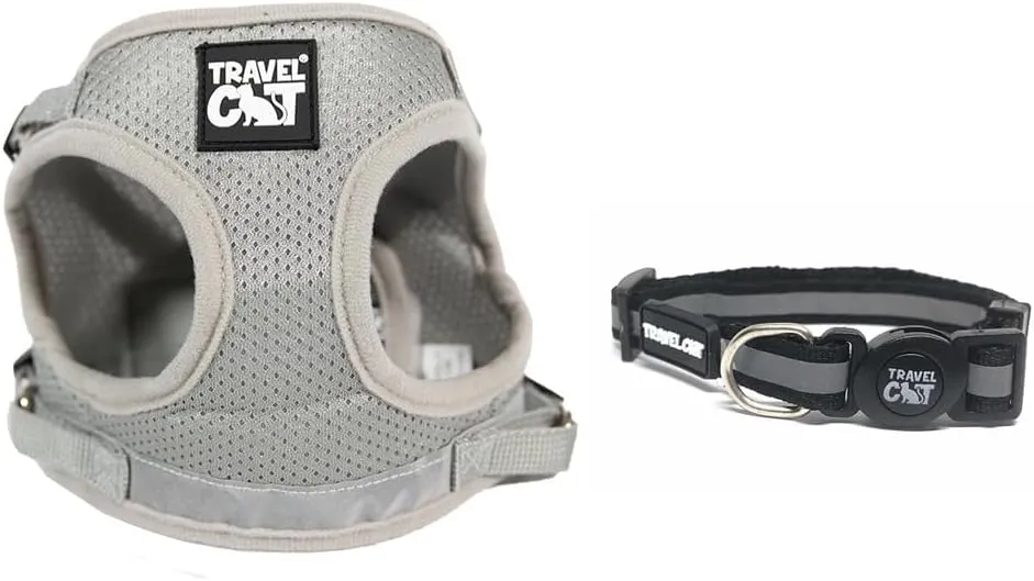Travel Cat Adjustable Harness and Leash Set (Grey)   Breakaway Collar for Cats (Black) - Secure, Escape-Proof Outdoor Walking Kit (Medium)