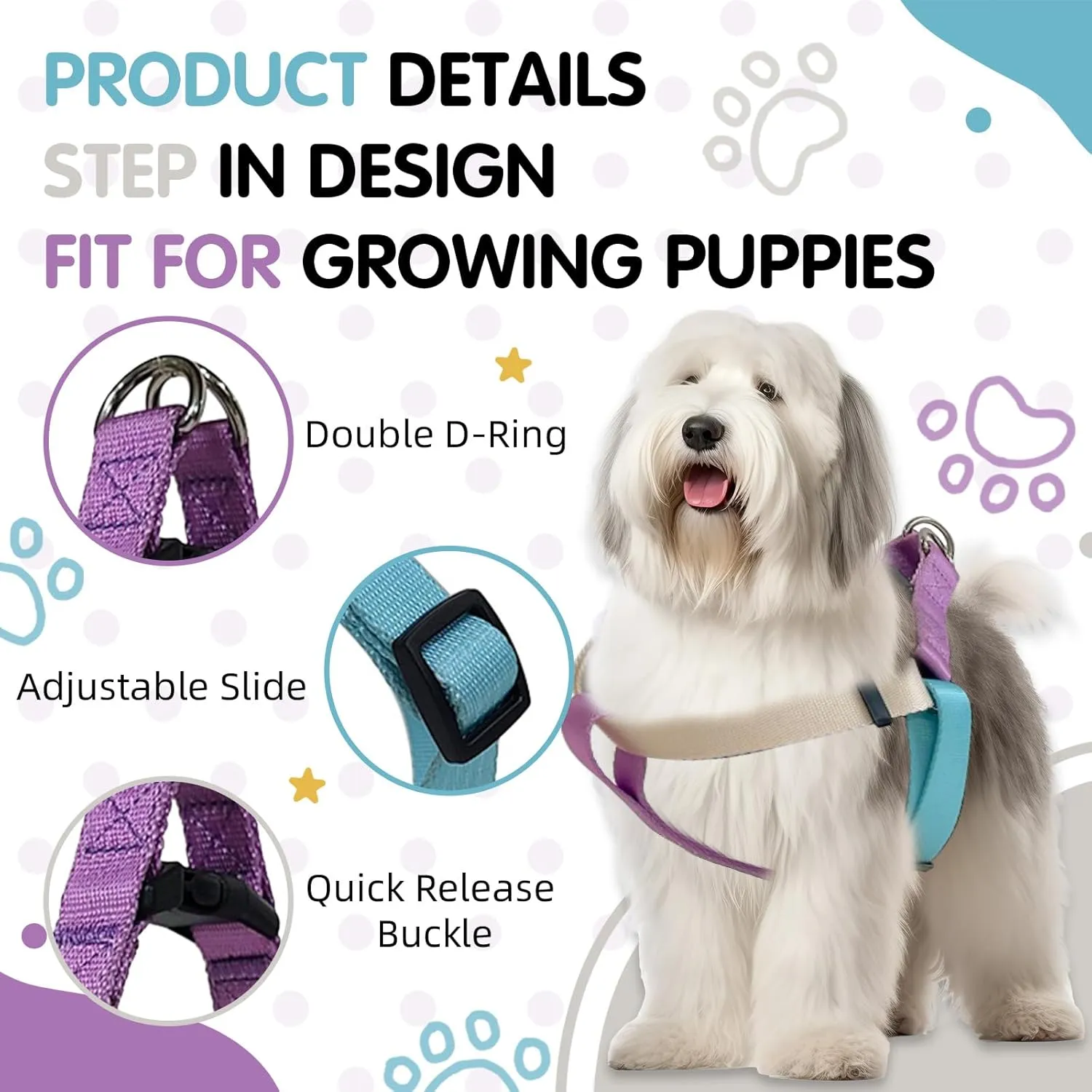 Tri-Color Dog Harness, Adjustable Step-in Design Puppy Harness for Small Dogs, Heavy Duty, Easy for Walking (White, Blue, Purple)