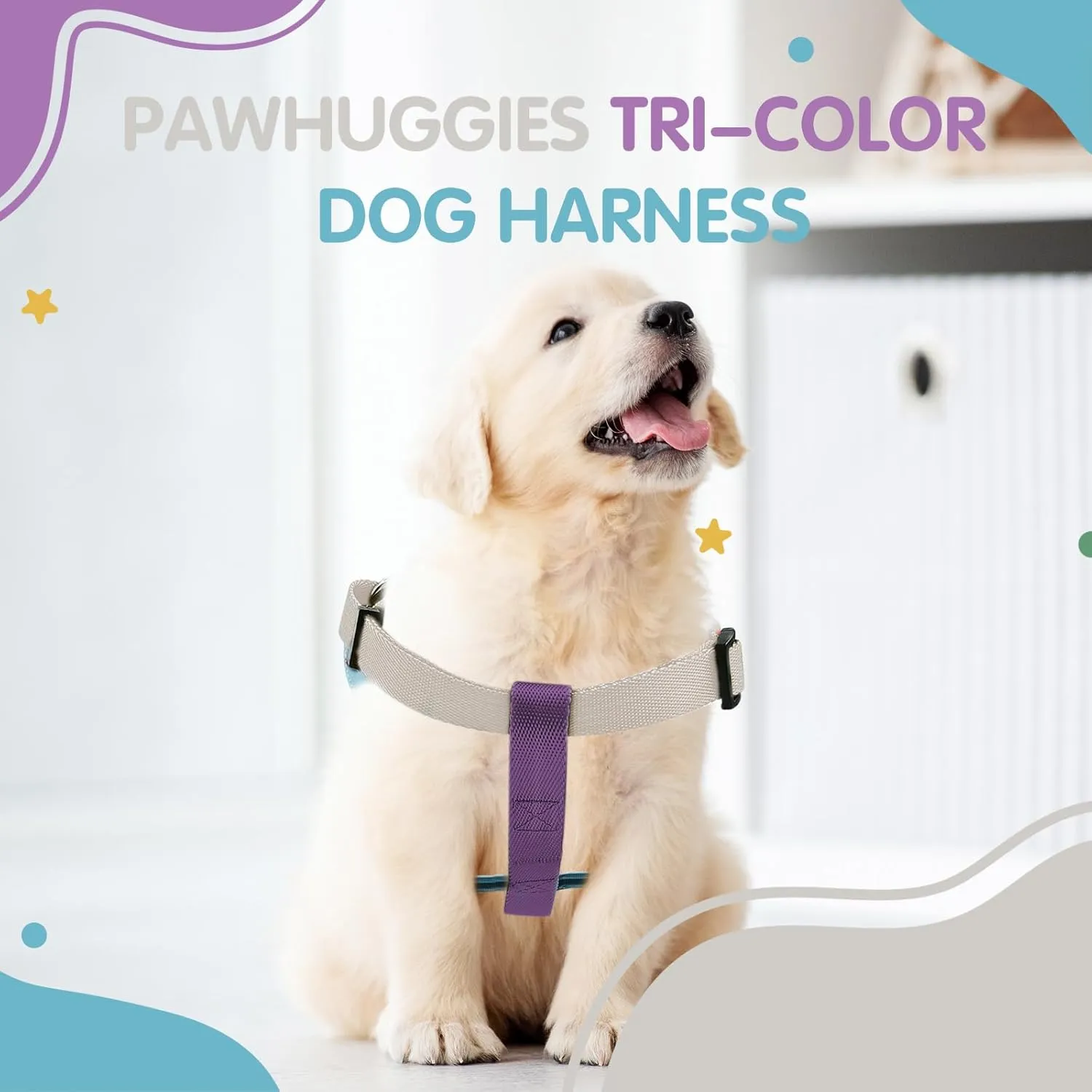 Tri-Color Dog Harness, Adjustable Step-in Design Puppy Harness for Small Dogs, Heavy Duty, Easy for Walking (White, Blue, Purple)