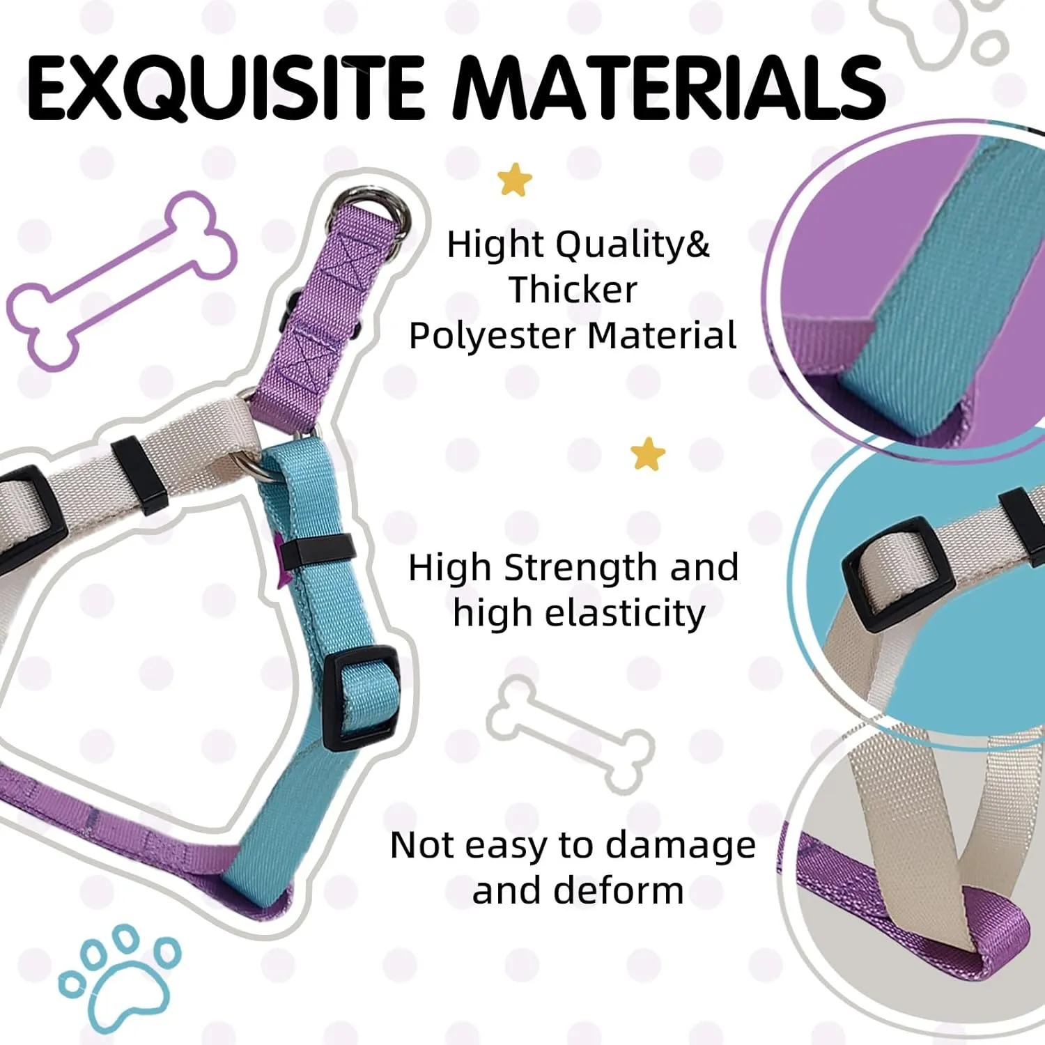 Tri-Color Dog Harness, Adjustable Step-in Design Puppy Harness for Small Dogs, Heavy Duty, Easy for Walking (White, Blue, Purple)