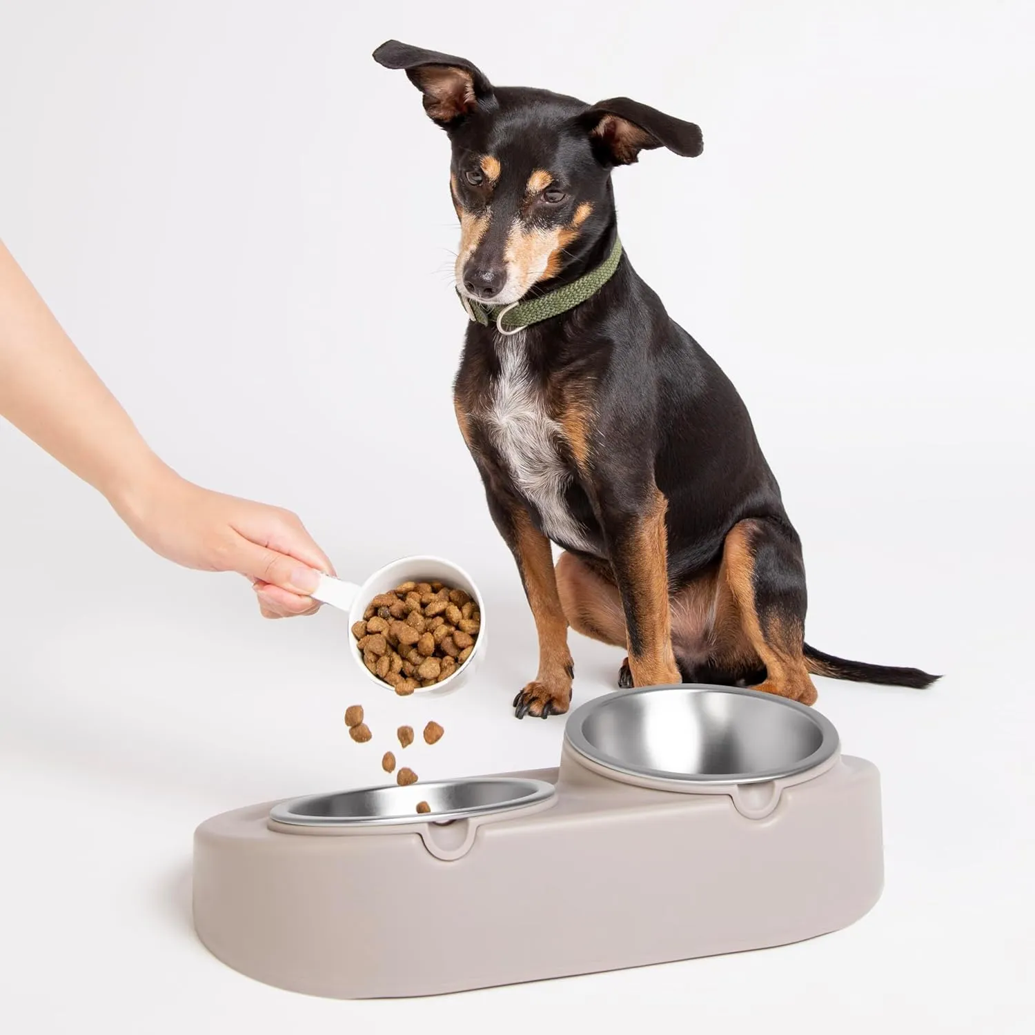 Ubbi Pet Feeding Bowls Set, Holds 2 Cups, One Elevated and One Flat Stainless Steel Bowl with Non-Slip Mat, Pet Feeder Bowls for Dogs or Cats, Ergonomic Design, Taupe