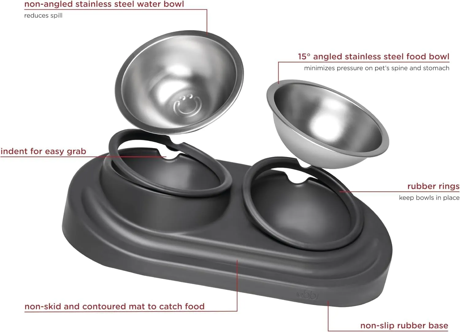 Ubbi Pet Feeding Bowls Set, Holds 2 Cups, One Elevated and One Flat Stainless Steel Bowl with Non-Slip Mat, Pet Feeder Bowls for Dogs or Cats, Ergonomic Design, Taupe