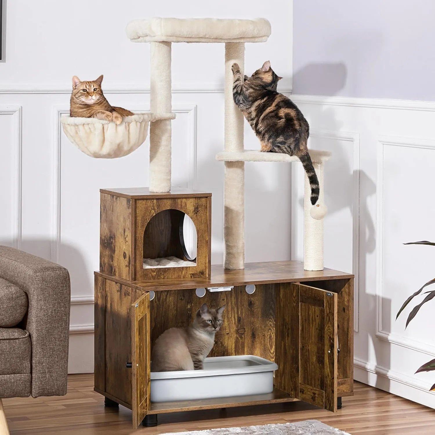 Yaheetech Litter Box Enclosure with Cat Tree, All-in-one Indoor Kitten House w/Scratching Posts, Wooden Cat Litter Box Furniture w/Condo, Platform, Rustic Brown/Beige