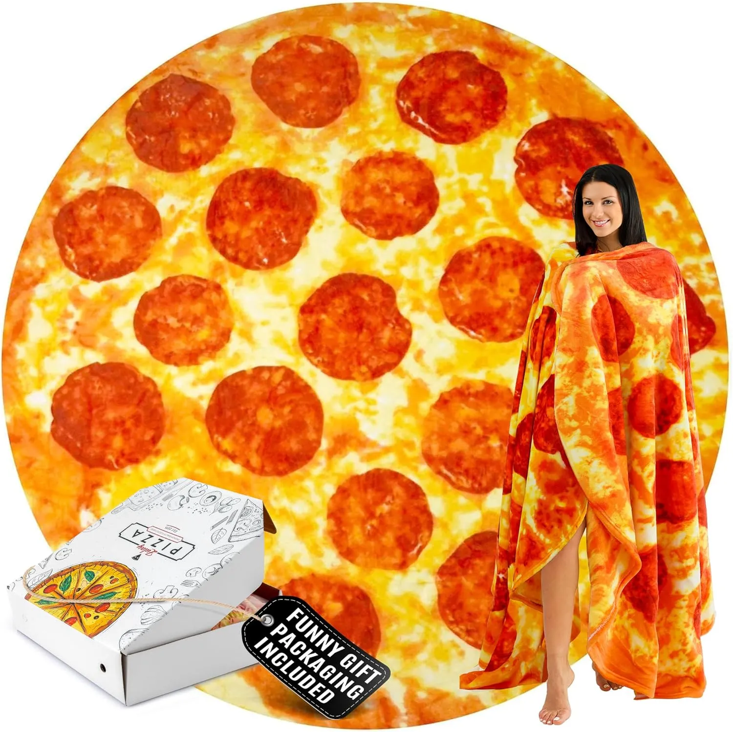 Zulay Giant Double Sided Pepperoni Pizza with Pizza Box Gift Packaging - Novelty Blanket for Adults & Kids - Soft Flannel Round Pepperoni Blanket for Indoors, Outdoors, Travel, Home - 60 Inches