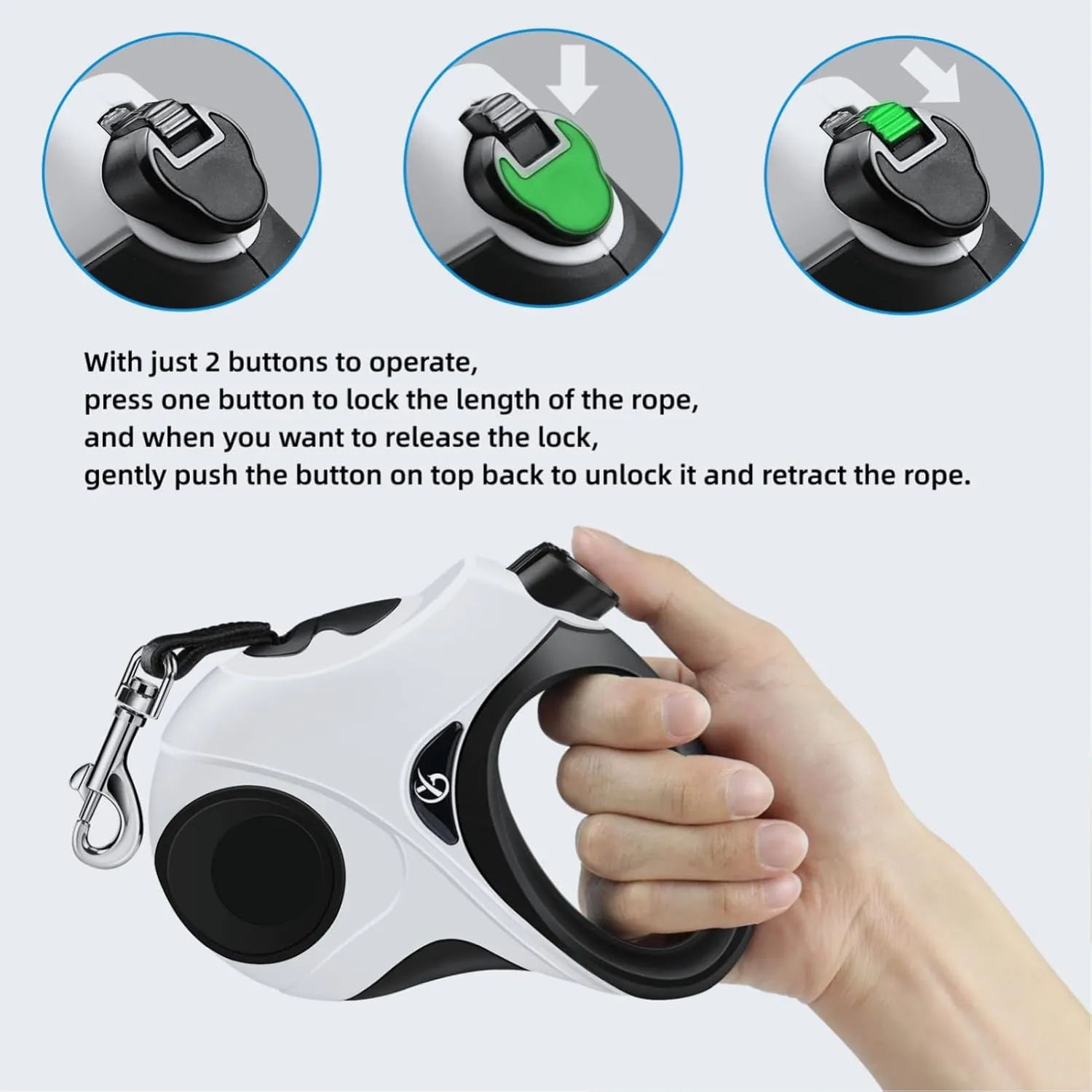 ZZ Retractable Dog Leash, 16.4ft Dog Walking Leash for Small and Medium Dogs up to 150lbs, 360 Tangle Free, One-Click Self-Locking, Heavy Duty Reflective Nylon Tape with Anti-Slip Handle, White